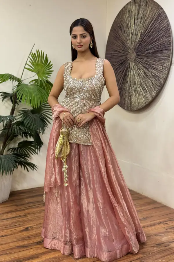 Dusty Pink Tissue Embellished Kurta Pallazo set