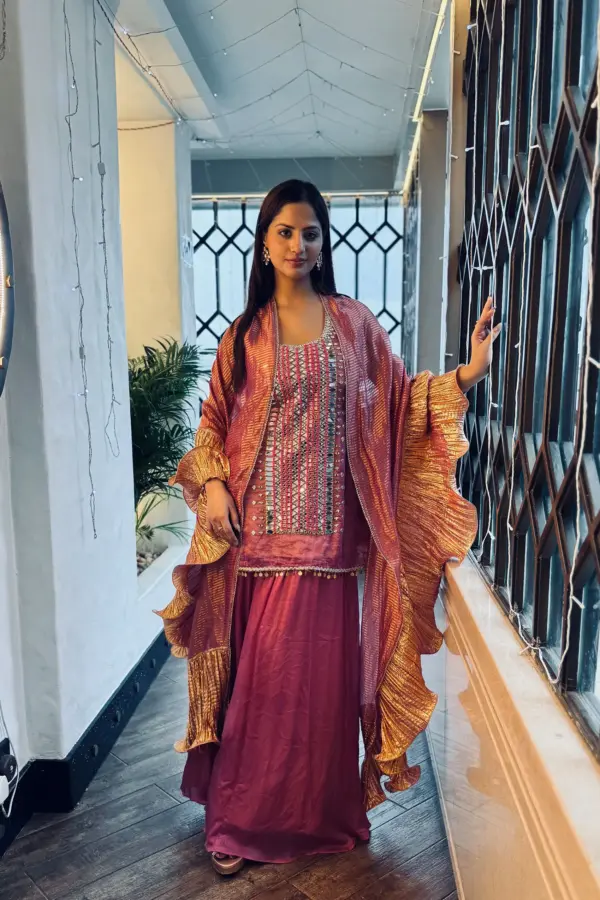 Pink embellished Short Kurta Pallazo with Crinkled metallic ruffle dupatta set