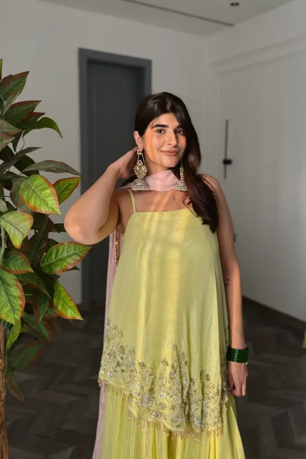 Deeksha Khurana in a Yellow Crystals Embellished Kurta Pallazo set