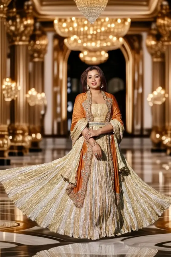 Shreya Ghoshal in a Gold textured metallic lehenga mirror embellished dupatta set
