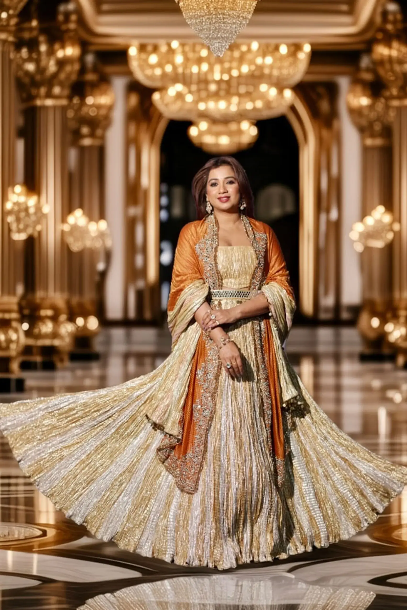 Shreya Ghoshal in a Gold textured metallic lehenga mirror embellished dupatta set
