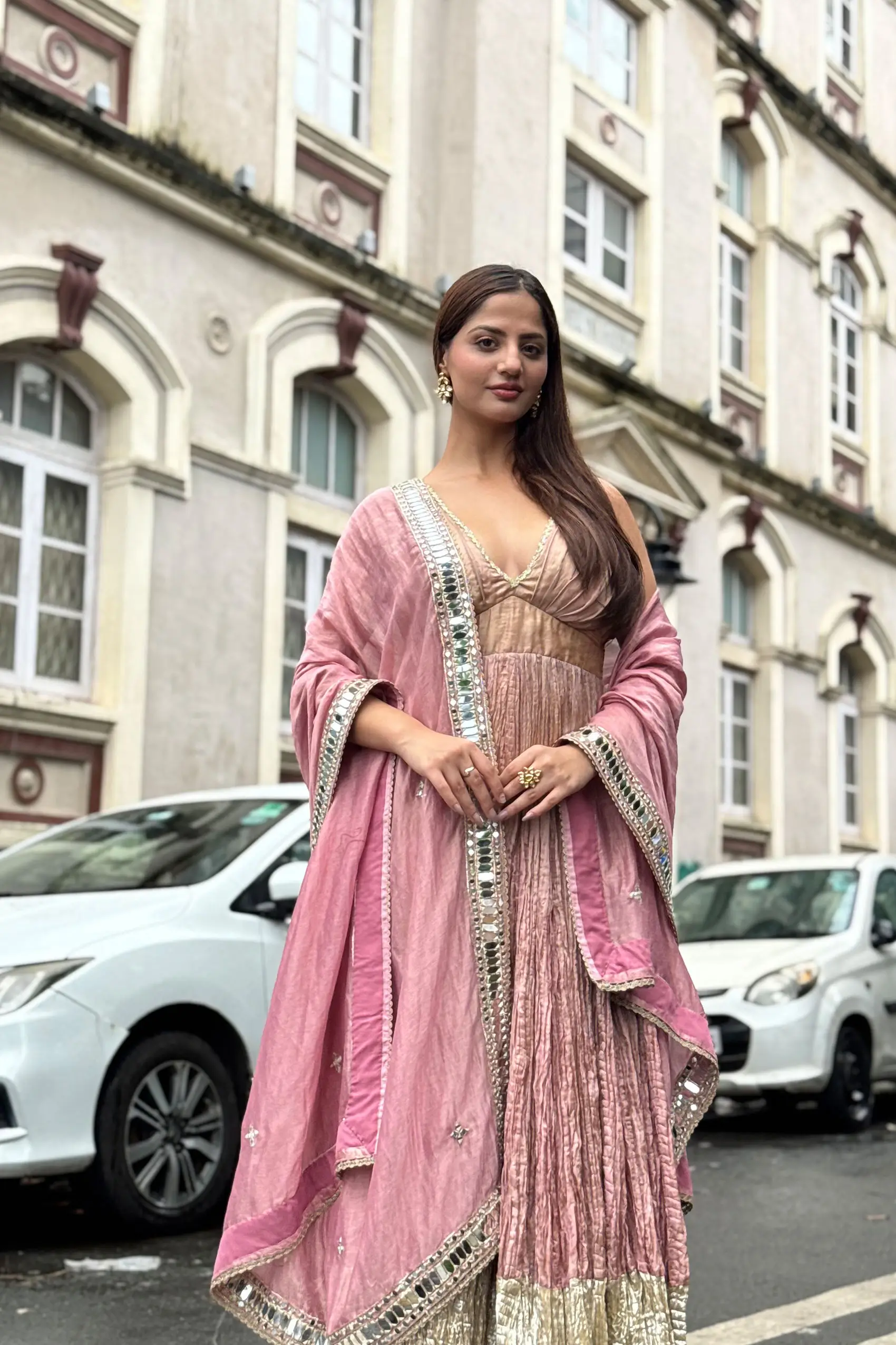 Dusty Pink Tissue Anarkali Mirror Embellished dupatta set - Image 2