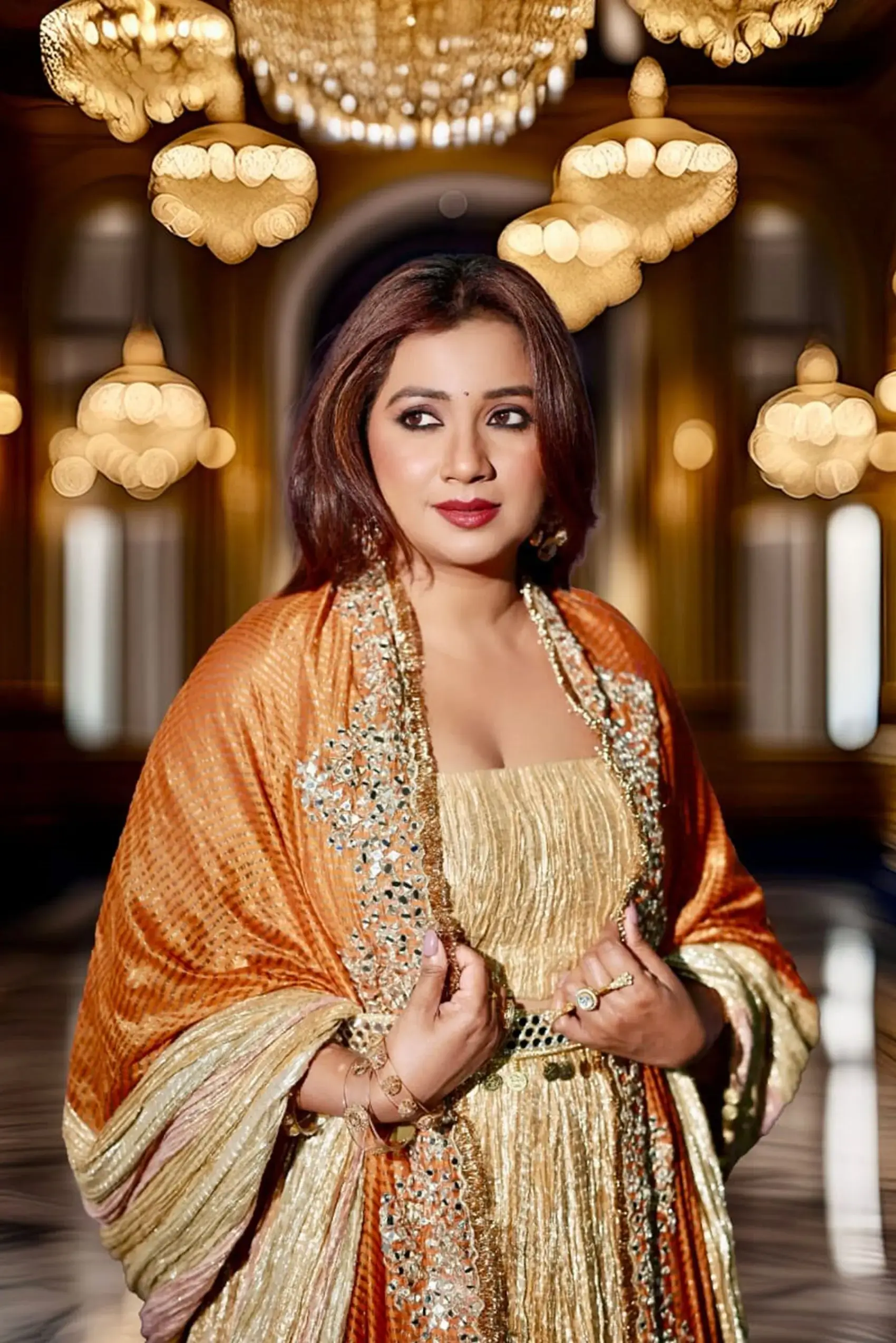 Shreya Ghoshal in a Gold textured metallic lehenga mirror embellished dupatta set - Image 2