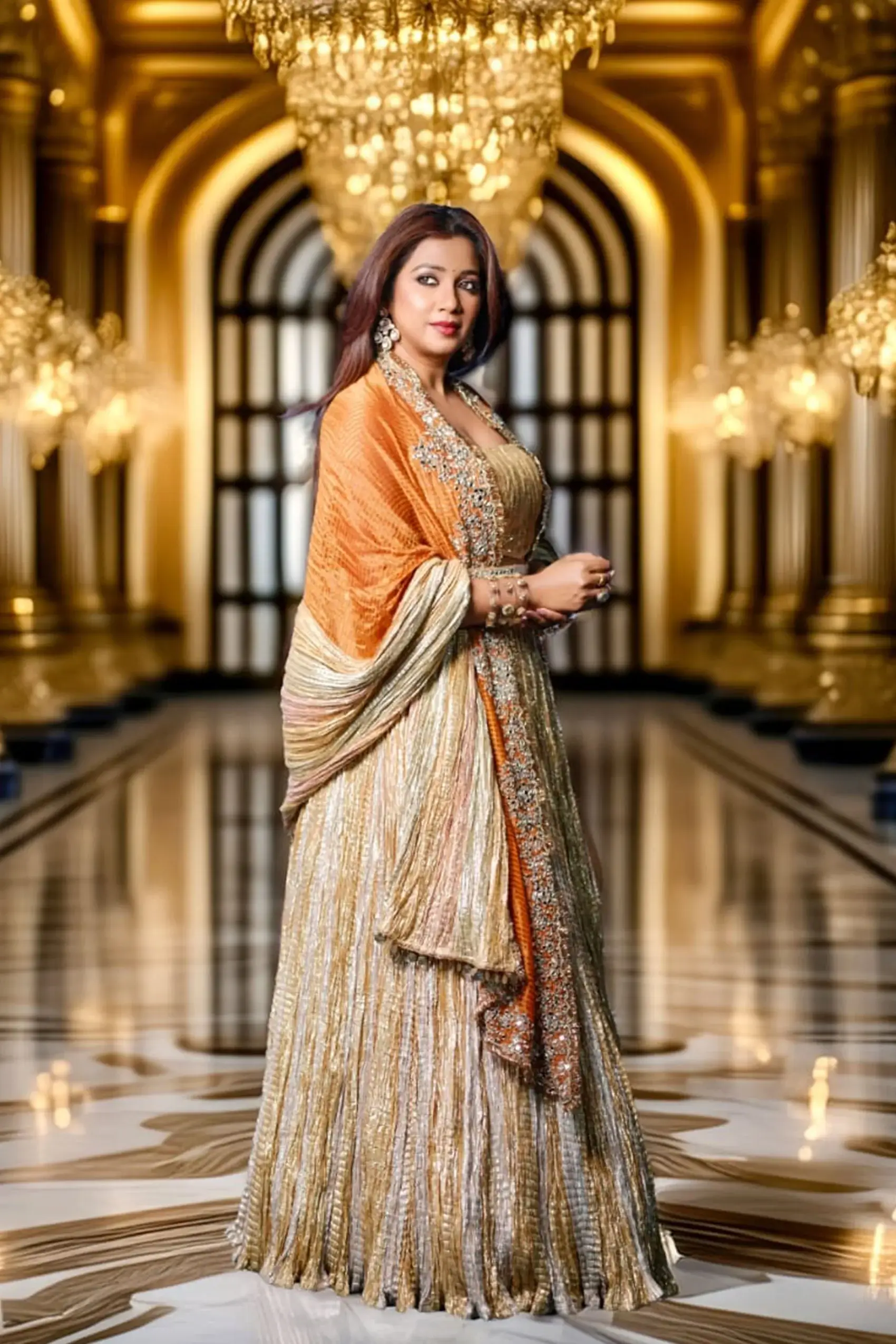 Shreya Ghoshal in a Gold textured metallic lehenga mirror embellished dupatta set - Image 4