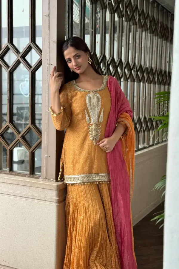 Musturd Yellow Embellished Mesh Kurta Pallazo set